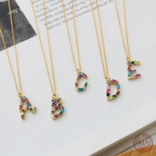 925 Sterling Silver European 26 Initials Pendant Necklace Women Pavé Colorful Crystal Fashion Party Jewelry Friendship Gift