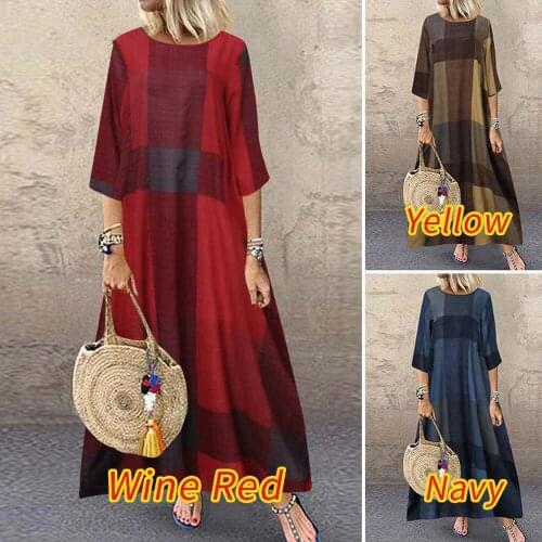 2021 Summer Maxi Dress 3/4 Sleeve Cotton Linen Dresses Ladies Retro Casual Loose Plaid Round Neck Dress Female