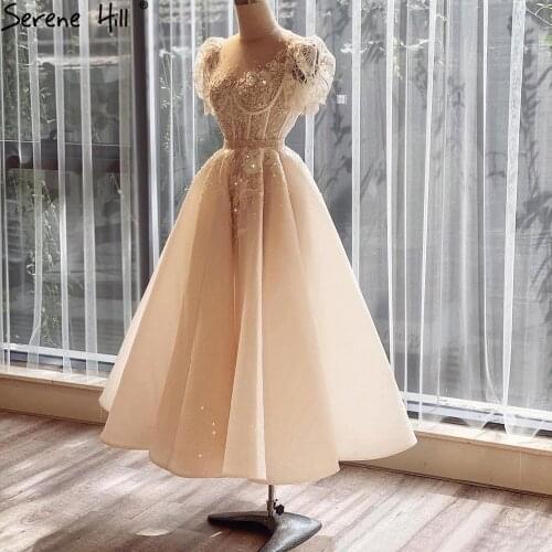 Serene Hill Ivory A-Line Beaded Evening Gown 2021 Puffy Sleeves Ankle-Length For Women Formal Party Dress CLA71045