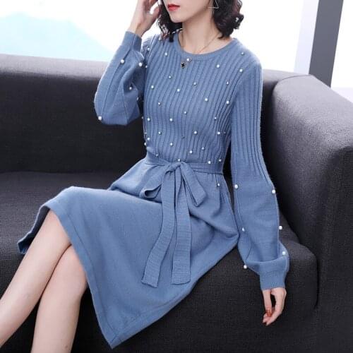 2021 New Fashion Women Knitted Dress Sashes Beading Knee-Length O-Neck Lantern Sleeve Autumn Winter Women Sweater Dress Vestidos