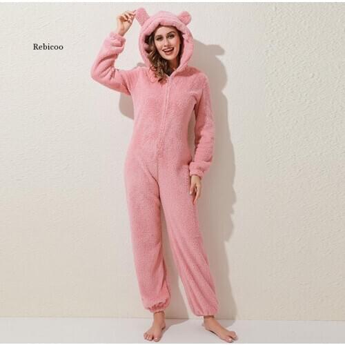Winter Warm Pyjamas Women Onesies Fluffy Fleece Jumpsuits Sleepwear Overall Plus Size Hood Sets Pajamas For Women Adult