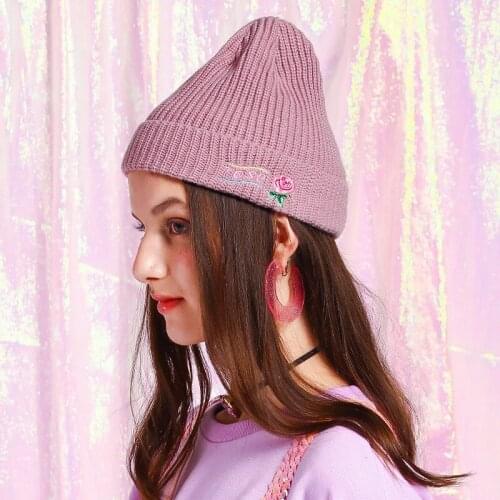1PCs Rose Embroidery Winter Hat Women Knitted Hat Warm Soft Trendy Hat Hip Hop Kpop Style Wool Beanie Elegant All-match Hat