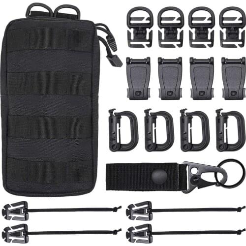 17 Pcs Tactical Gear Clip Molle Attachments D-Ring Carabiner Clip Grimlock Molle Webbing Key Ring Strap Elastic Strings Tool Set