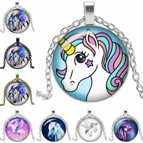 2019 New Creative Necklace Cartoon Anime Unicorn Gift Glass Cabochon Horse Pendant Necklace Fashion Jewelry