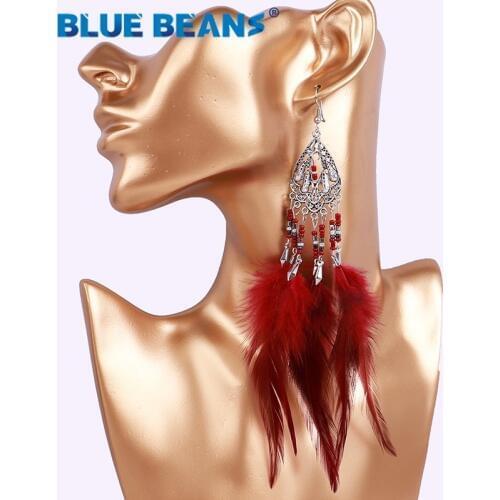 Bohemian feather fashion handmade big earrings statement luxury long Tassel earring hanging women accessories jewelry tribal 925