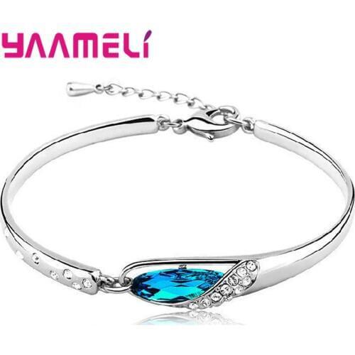 Top Quality 925 Sterling Silver Bracelet Popular Blue Austrian Crystals Geometric Shape Charms for Women Ladies Gift Wholesale