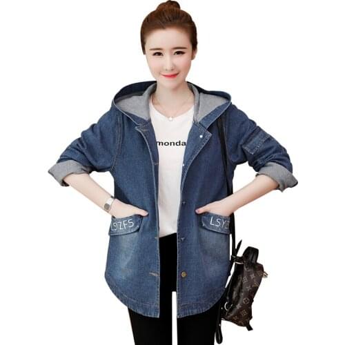 Embroidered Oversize Denim Jacket Women Outerwear Loose Korean Retro Hooded Denim Jackets Female New Mid-length Cowboy Tops