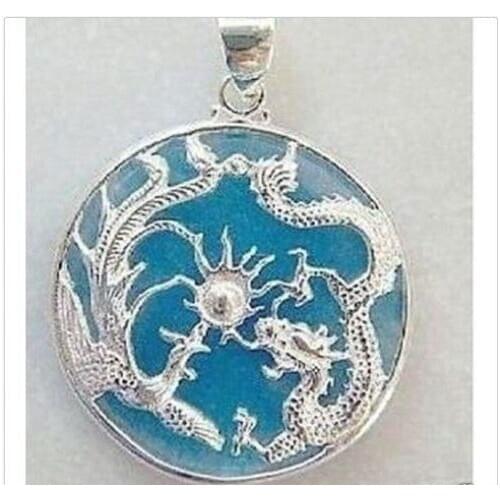 Hot sale Rare Blue Jades Silver Dragon Phoenix Pendant Necklace