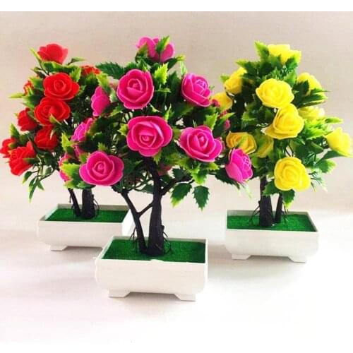 Artificial Flower Plant Rose Potted Bonsai Office Garden Desktop Ornament Decor Artificial Flowers in Pot For Home Decor
