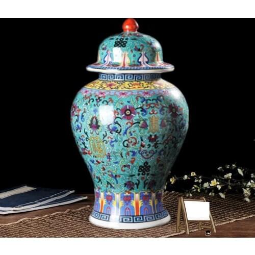 Ceramic vase famille rose porcelain Ginger Jar with Lid Living Room Decoration Yellow Lamp Decoration ceramic temple jar