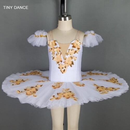 Classical White & Gold Pre-Professional Ballet Dance Tutu for Performance Girls Solo Dance Pancake Tutus Ballerina Dress BLL034