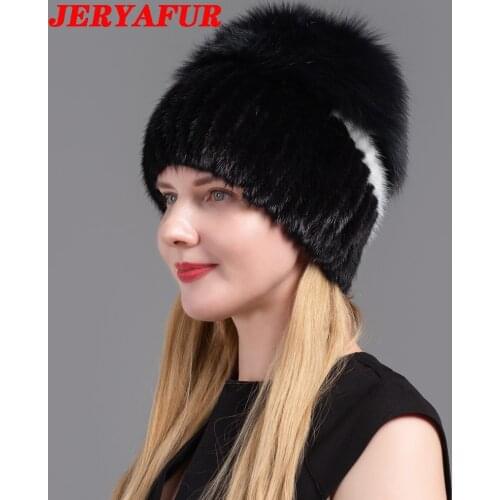 JERYAFUR New Style Natural Fox Fur Hat Mink Hat Winter Women Natural Vertical High Quality Fashion Hat Silver Fox Hat