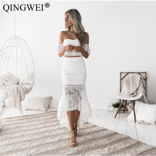 QINGWEI Sexy Women Party Suit Elegant Two Piece Sets Party Outfits White Lace Tube top Strapless Crop Top Pencil Skirt Vestidos