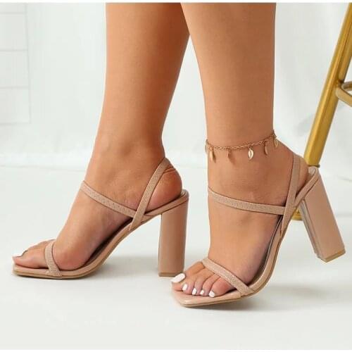 Womens High Heels Sandals Narrow Band Solid Ladies Sexy Shoe Women Elastic-Band Pumps Summer Square Toe Heels Zapatos Mujer