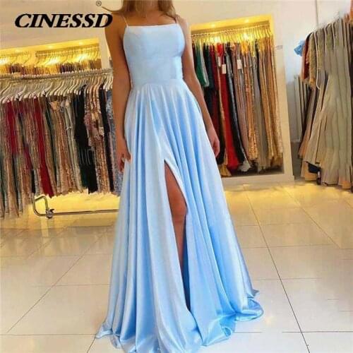2020 Blue Prom Dresses With Spaghetti Strap Corset Back Elegant A Line Long Graduation Gowns Evening Dress Special Occasion Wear
