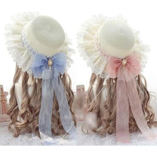 Sweet Lolita Straw Sunhat Mori Girl Caps with Lace & Bowknot Beach Summer Hat Gothic Decor Goth Lolita Sweet Lolita