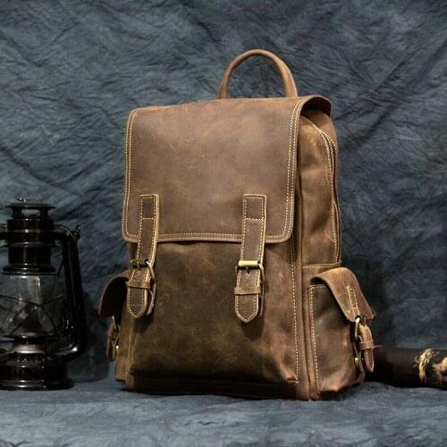 Vintage Mens Crazy Horse Leather Backpack genuine leather Retro Rucksack Large Classic Travel Backpack Big laptop computer bag