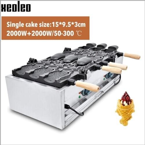 XEOLEO Electric Waffle maker Ice cream Taiyaki machine Open mouth Fish shaped Waffler machine 3pcs*2 Commercial Snack equipment