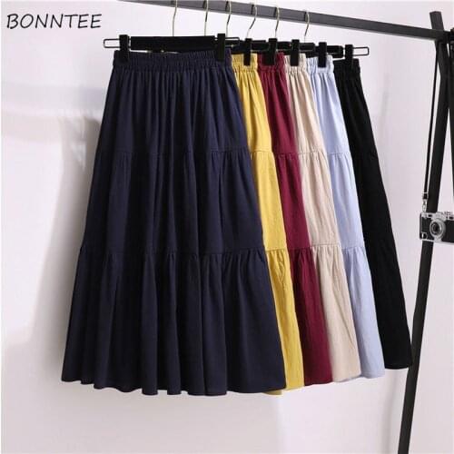 Skirts Women Solid High Waist Simple Leisure 6 Colors College Korean Style Elegant Folds Chic Loose Female Daily Summer Popular