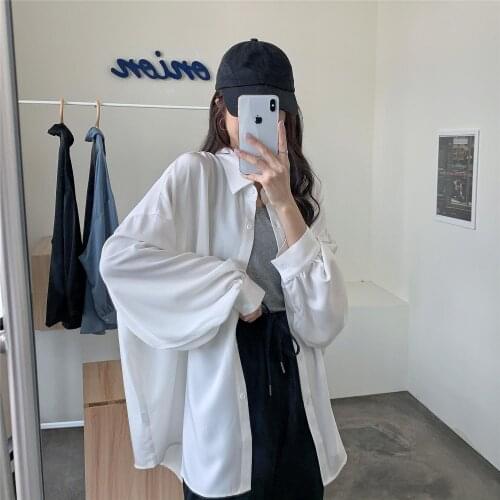 Korean version loose Lantern Sleeve White Shirt sunscreen top medium long lazy wind versatile thin coat womens versatile
