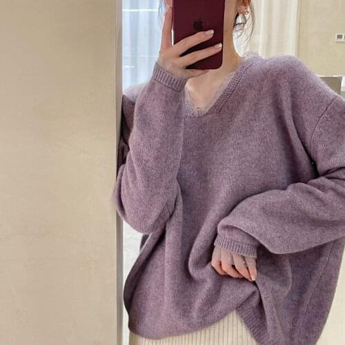 Autumn Winter New 2021 Pullover Sweater Plus Size Korean Womens Retro Purple Tops Loose Raccoon Velvet V-Neck Sweater 15920