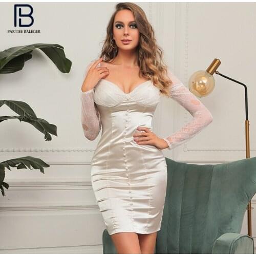 PB Chic Lace Splicing Design Satin Mini Dress Button Embellished Celebrity Party Club Vestido Free Shipping