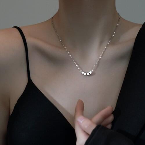 LByzHan 925 Sterling Silver Square Tube Chain Necklace For Women Simple Shiny Geometric Choker Party Jewelry