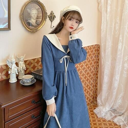 Long Sleeve Dress Womens Autumn Winter 2020 New Korean Style Sailor Collar High Waist Slim-Fit Mid-Length sweet lolita Dress