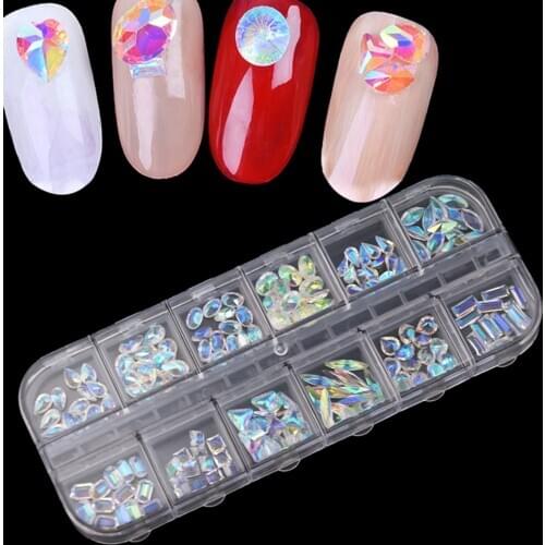 12 Grids/Box Clear AB Color Iridescent Nail Art Rhinestones Gems Multi-size Sharp Bottom Crystal Nail 3D Jewelry Decorations FT9