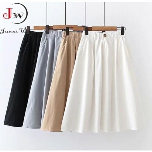 2021 Spring Summer Preppy Style Solid Women Cotton Skirt Casual Elegant Office Elastic Waist A-Line Midi Skirts With Pocket