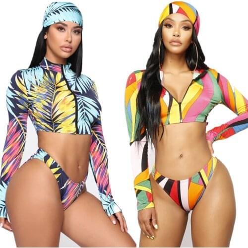 3Pcs Women Printed Bikinis Sets Swimwear 2020 New Fashion Female Long Sleeve Zipper Crop Tops+Trunks+Swimming Cap Swimsuits