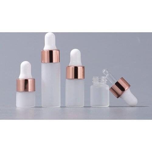 360pcs/lot Factory Wholesale 1ml 2ml 3ml 5ml Frost Dropper Glass Rose Gold Cover e Liquid Essential Massage Oil Refillable Vial