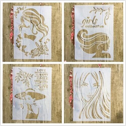 4pcs / set A4 beautiful girl stencil painting coloring embossing scrapbook album decoration template