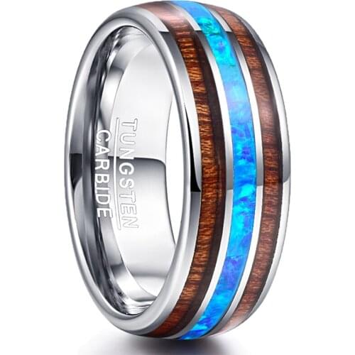 BONLAVIE 8mm Hawaiian Koa Wood and Blue Opal Inlay Tungsten Carbide Ring Domed Wedding Band Comfort Fit Size 7-12