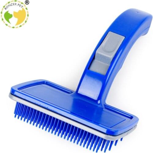 Bonzerpet Pet Blue Manual Hair Removal Plastic Brush Comb Rake for Medium Large Dogs Push Hair Pet Needle Comb Handle Grooming
