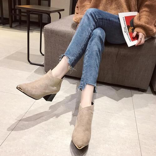 Metal Head Block Heels Ankle Boots Beige Office Shoes Women Boots Leather 2020 Women Black booties Shoes Fashion Woman Boots