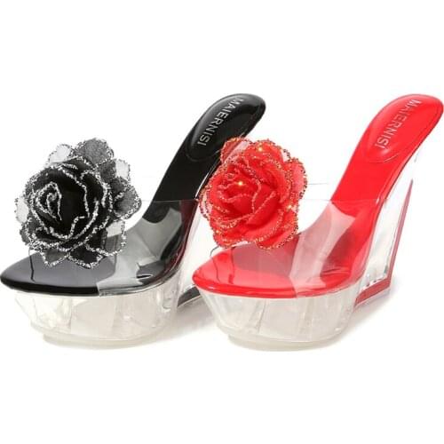 Wedge Heel Shoes Slides High Heels Women Shoes Fashion Wedge Sandals Sexy 4 Colors Flower Transparent Crystal Womens Slippers