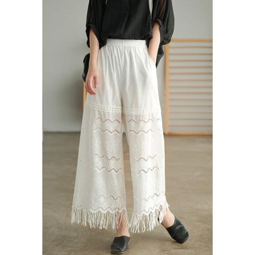 21New Women Pants Summer Mori Girl Style Solid Color Loose Tassel Hallow Out Female Wild Cotton Straight Trousers Fashion