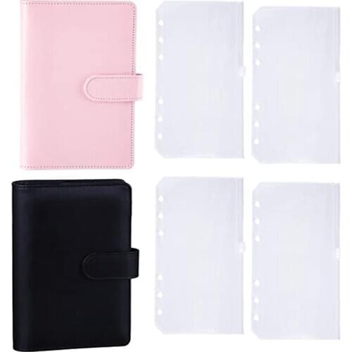 A6 PU Leather Binder Sleeve with 6 Pieces A6 Binder Bag Loose Leaf Bag 6 Buckle Cash Budget Envelope System