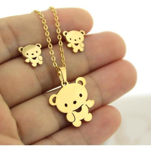 1 Set Gold Color Stainless Steel Little Bear Jewelry Sets Charms Earrings Necklace Women Girls Kids Christmas Gift