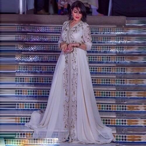 Moroccan Kaftan Caftan Muslim Evening Dresses A-line V-neck 3/4 Sleeves Chiffon Beading Dubai Arabic Turkey Abaya Islamic Gown