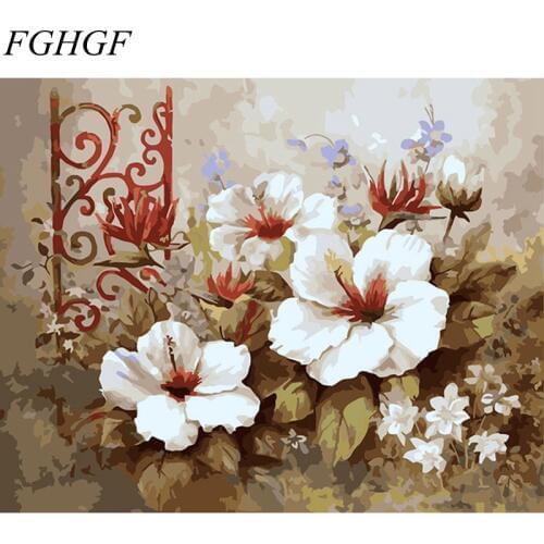 FGHGF White and red Flower Frameless Picture Home Decor DIY Acrylic Oil Painting By Numbers Wall Art DIY Canvas