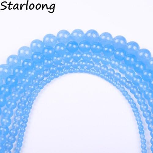 Natural Round Light Blue Chalcedony Jades Stone Loose Strand Spacer Beads for Jewelry Making DIY Bracelet 4-12mm Pick Size 15"