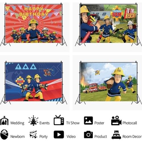 New Fireman Sam Theme Party Backdrops Firefighter Boy Birthday Party Decoration Wall Sticker Poster Photography Background Props