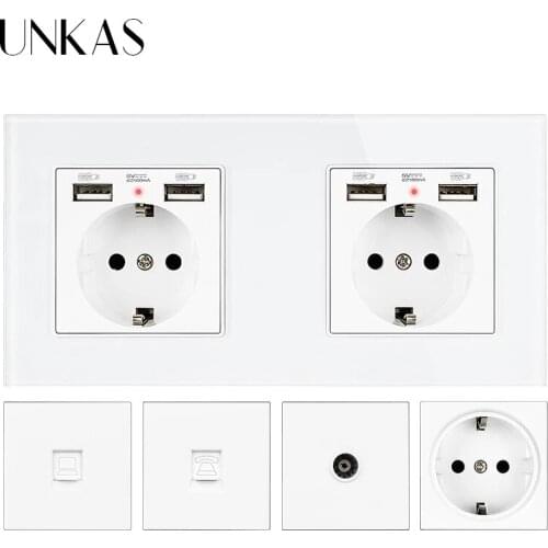 UNKAS Gray 2 Gang Russia Spain French EU Standard Grey Socket Tempered Glass Panel 146mm * 86mm Outlet