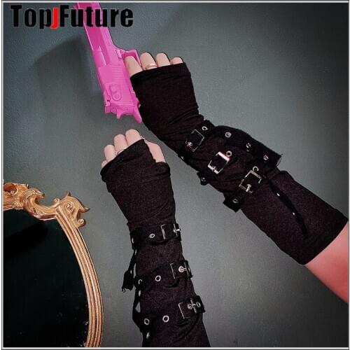 Buckle metal punk hip hop earth cool girl dark sunscreen Street open fingered glove sleeve arm JK Harajuku gloves