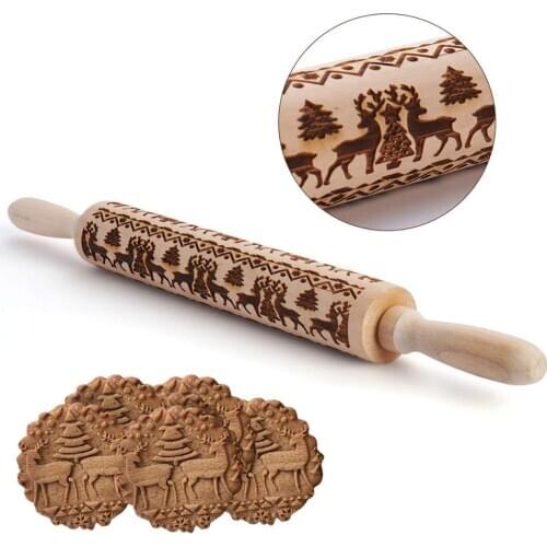 Christmas Carved 3D Wood Rolling Pin Embossed Patterned Pastry Dough Roller For Baking Cake Pastry Pizza kitchen Cooking Tools