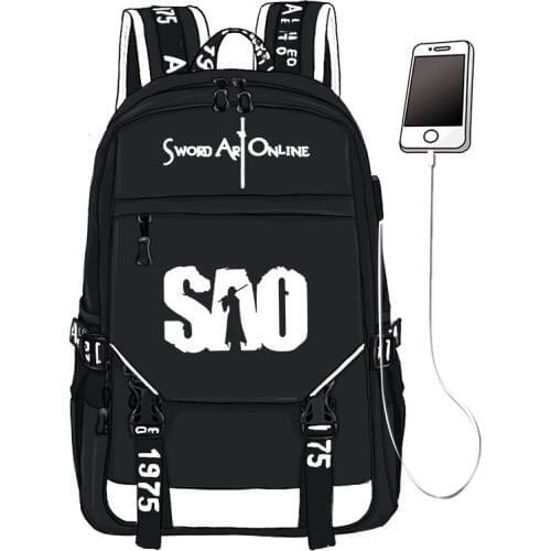 Sword Art Online SAO Printing Backpack Unisex Travel Backpack USB Interface Laptop Backpack Canvas School Book Bags