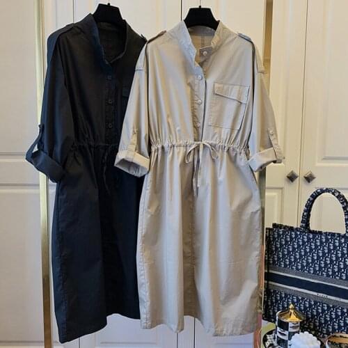 SURUFENG Vintage Elastic Waist Dress Summer Women Elegant Dress Half Sleeve Casual Loose Buttons Midi Vestidos Robe Plus Size