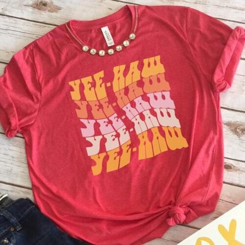 Yee Haw Rainbow Letters Print Female Casual Cotton Tshirts Loose Cotton Summer Basic Tops Short Sleeve Graphic Mujer Camisetas